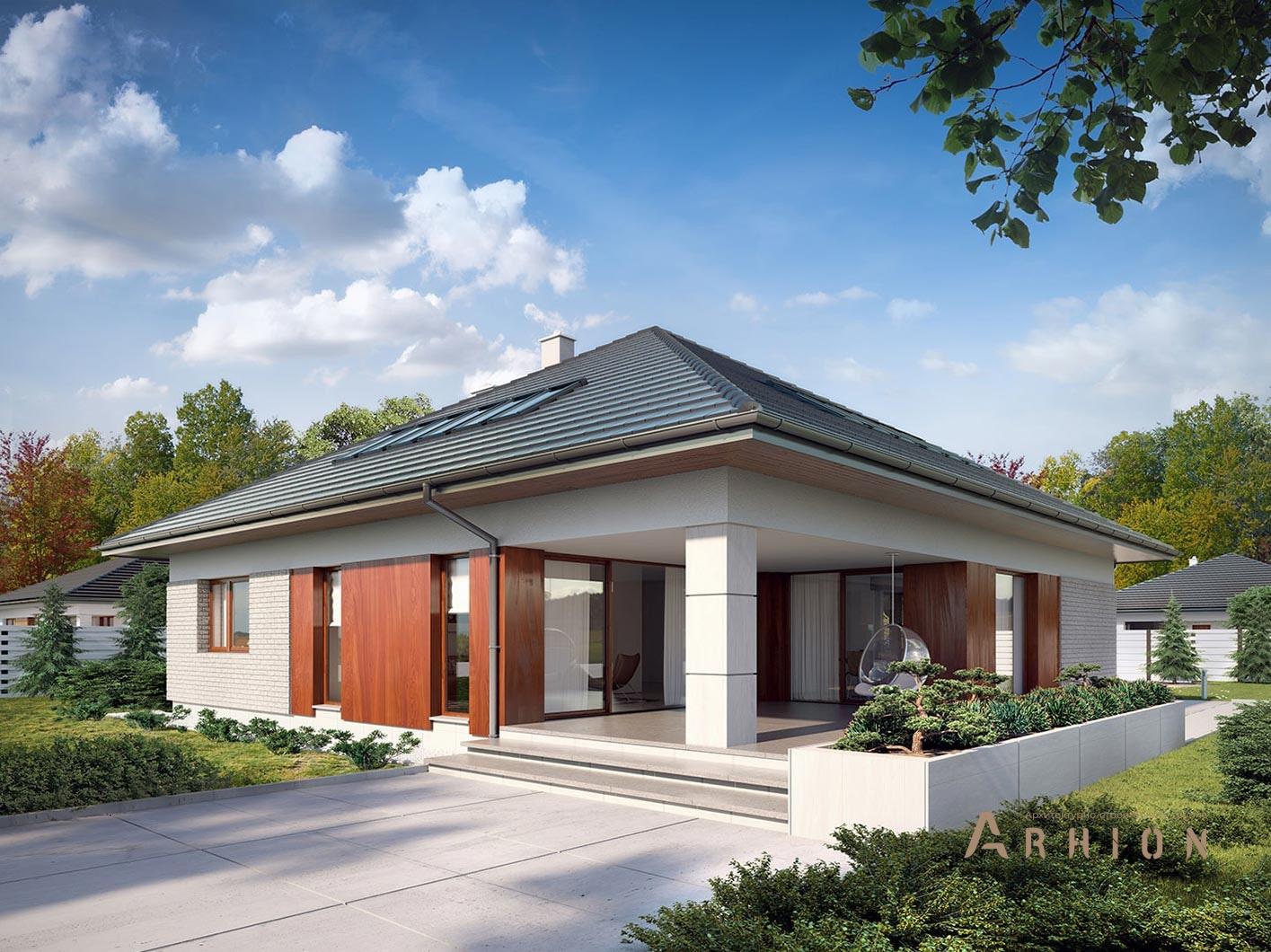 10. Проект одноэтажного дома в современном стиле с плоской кровлей , R-14-51, площадью - 223 кв c мансардой, терассой, гаражом